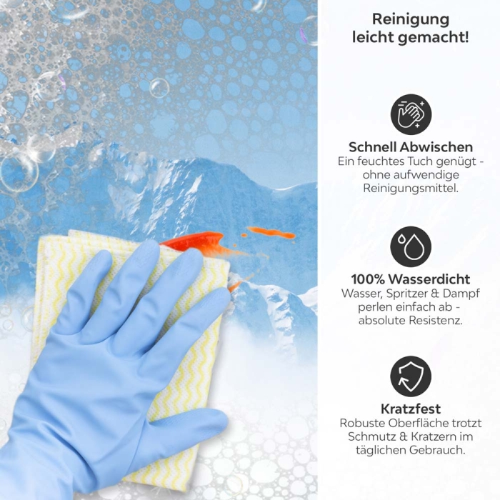 Küchenrückwand Platte Berge im Eisigem Gletscher Produktdetailbild 3: Reinigung leicht gemacht!