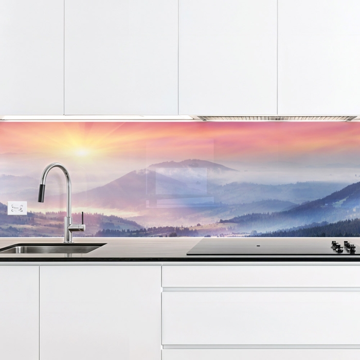 Küchenrückwand Platte Morgentlicher Bergblick im Nebel Artikelbild 2