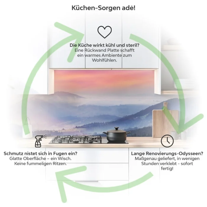 Küchenrückwand Platte Morgentlicher Bergblick im Nebel Produktdetailbild 1: Küchen-Sorgen ade!