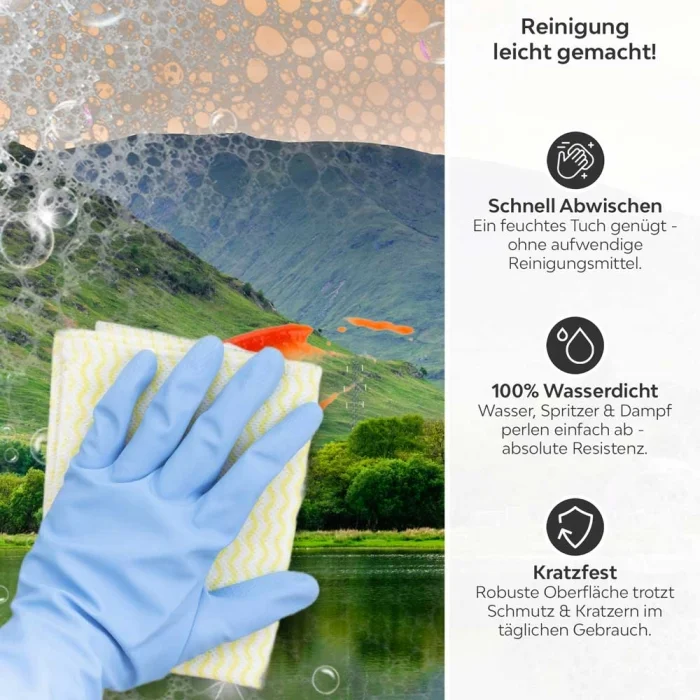 Küchenrückwand Platte Landschaft im Abendrot Produktdetailbild 3: Reinigung leicht gemacht!