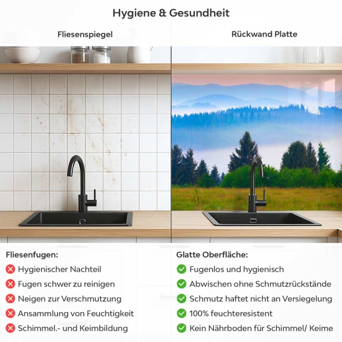 Küchenrückwand Platte Hügellandschaft Produktdetailbild 2: Hygiene und Gesundheit!