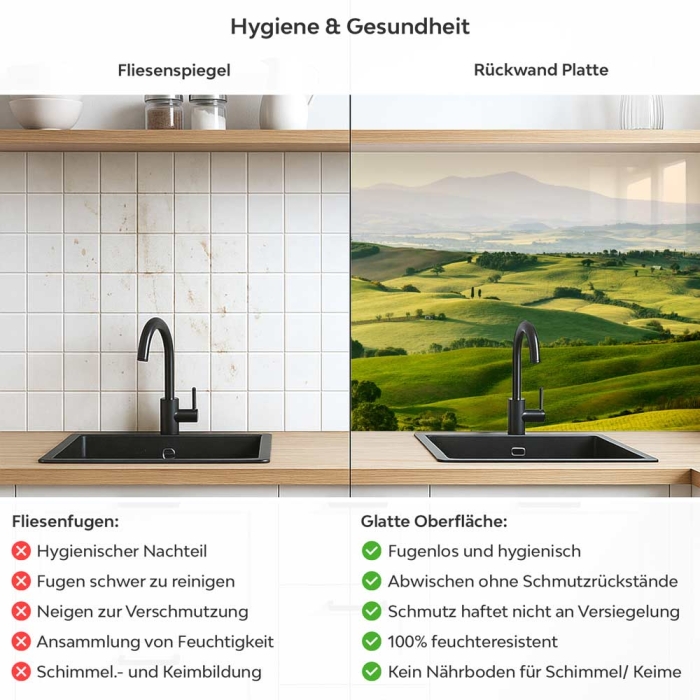Küchenrückwand Platte Hügellandschaft in Dämmerung Produktdetailbild 2: Hygiene und Gesundheit!