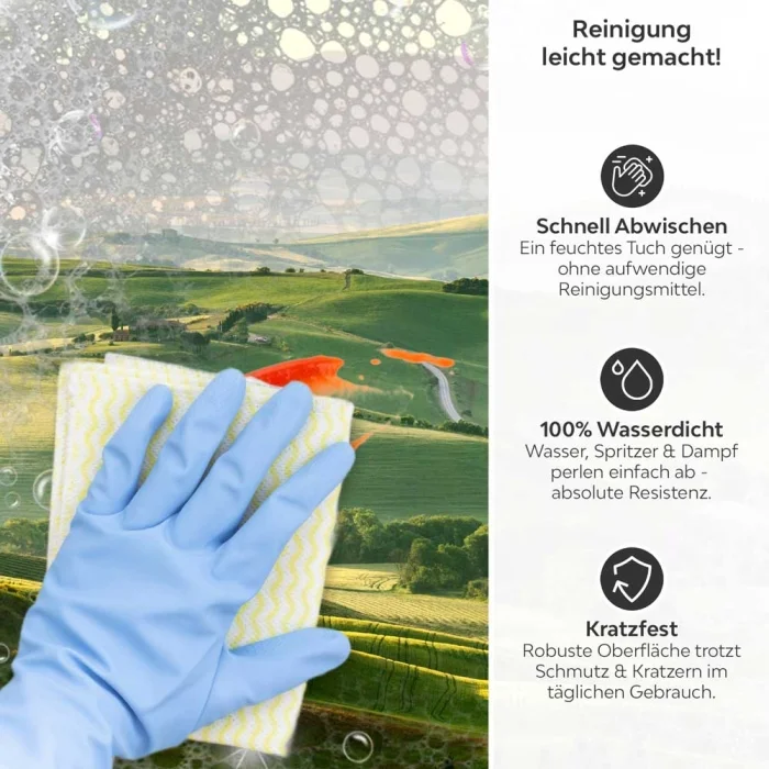 Küchenrückwand Platte Hügellandschaft in Dämmerung Produktdetailbild 3: Reinigung leicht gemacht!