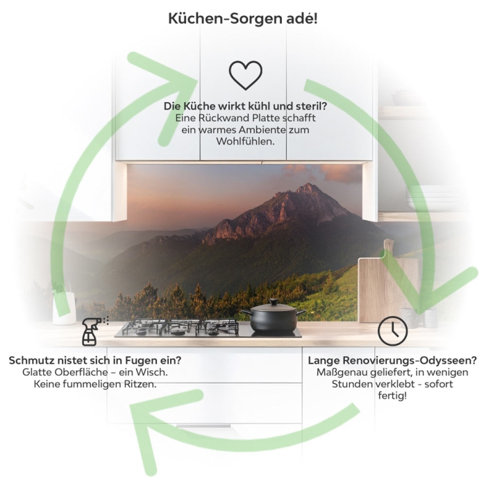 Küchenrückwand Platte Landschaft im Sonnenuntergang Produktdetailbild 1: Küchen-Sorgen ade!