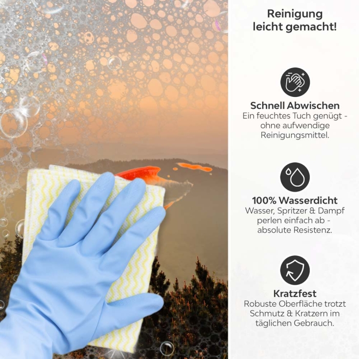 Küchenrückwand Platte Landschaft im Sonnenuntergang Produktdetailbild 3: Reinigung leicht gemacht!