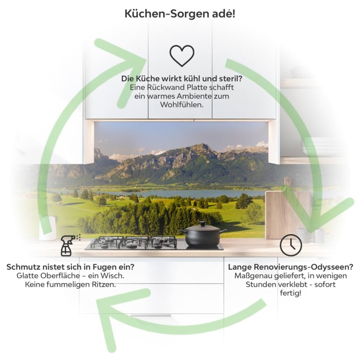 Küchenrückwand Platte Grüne Weide & Bergpanorama Produktdetailbild 1: Küchen-Sorgen ade!