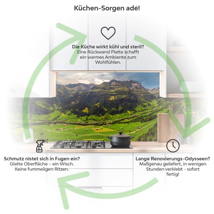 Küchenrückwand Platte Wanderwege im Grünen Tal Produktdetailbild 1: Küchen-Sorgen ade!