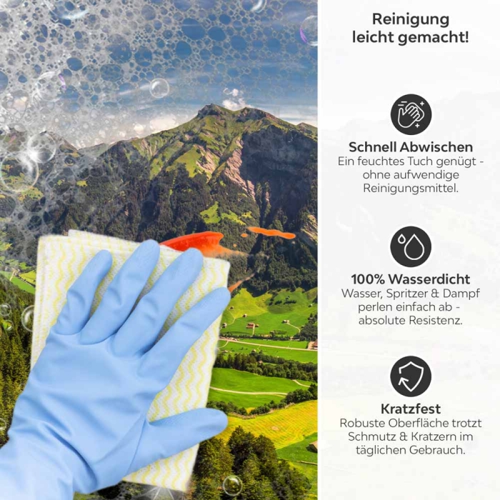 Küchenrückwand Platte Wanderwege im Grünen Tal Produktdetailbild 3: Reinigung leicht gemacht!