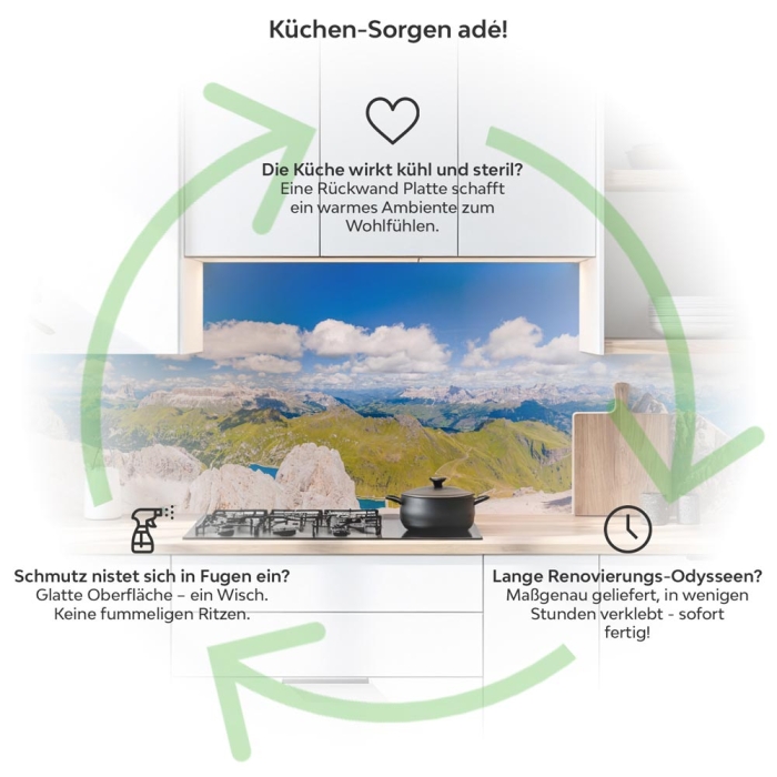 Küchenrückwand Platte Gletscherblick auf Berge Produktdetailbild 1: Küchen-Sorgen ade!