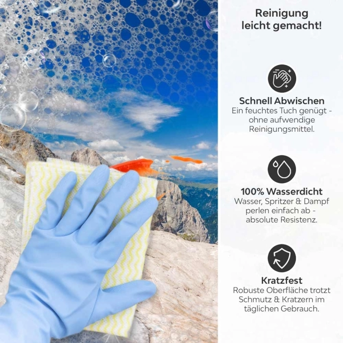 Küchenrückwand Platte Gletscherblick auf Berge Produktdetailbild 3: Reinigung leicht gemacht!