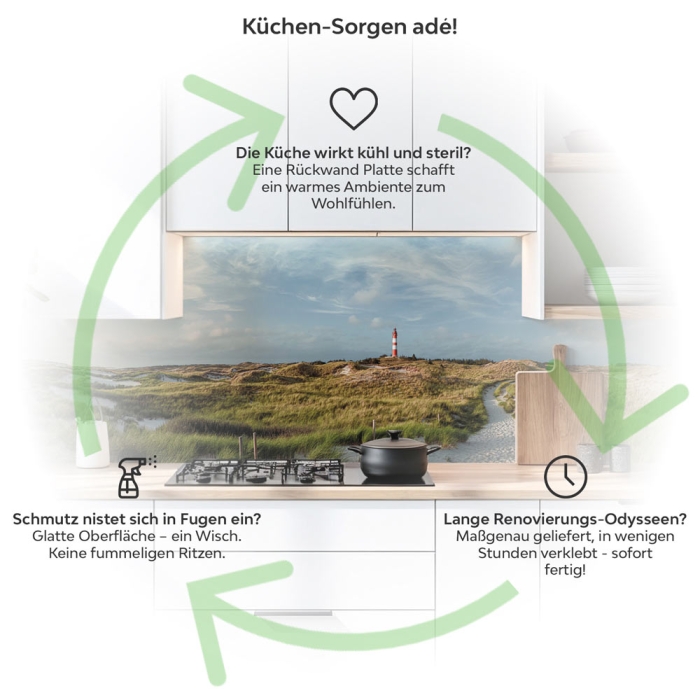Küchenrückwand Platte Leuchtturm an der Nordsee Düne Produktdetailbild 1: Küchen-Sorgen ade!