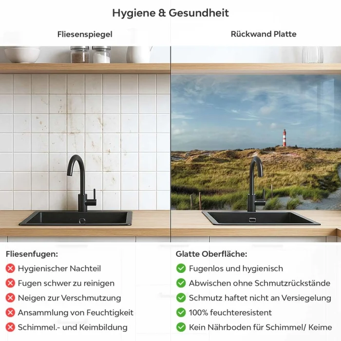 Küchenrückwand Platte Leuchtturm an der Nordsee Düne Produktdetailbild 2: Hygiene und Gesundheit!
