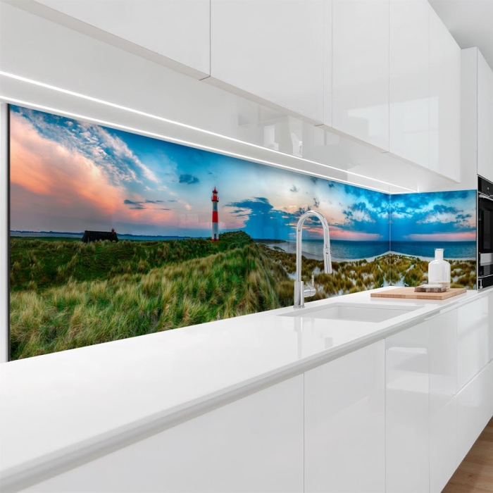 Küchenrückwand Platte | Dünen, Leuchtturm & Meer