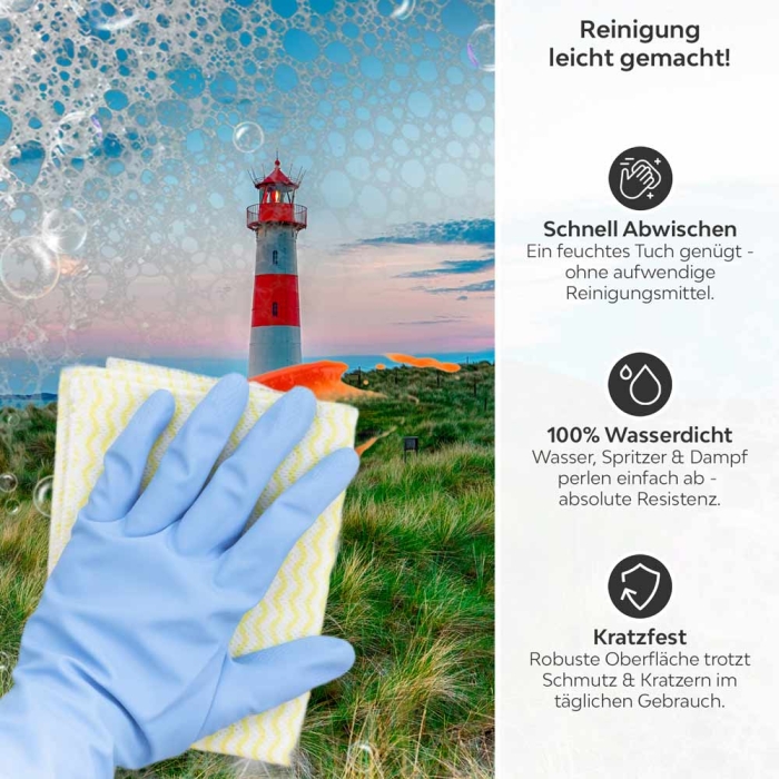 Küchenrückwand Platte Dünen, Leuchtturm & Meer Produktdetailbild 3: Reinigung leicht gemacht!