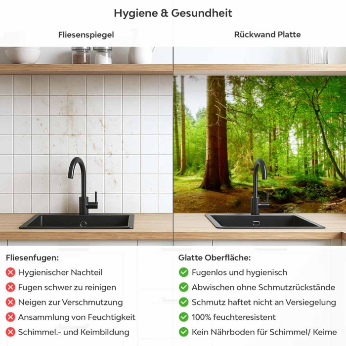 Küchenrückwand Platte Idyllischer Wald Produktdetailbild 2: Hygiene und Gesundheit!
