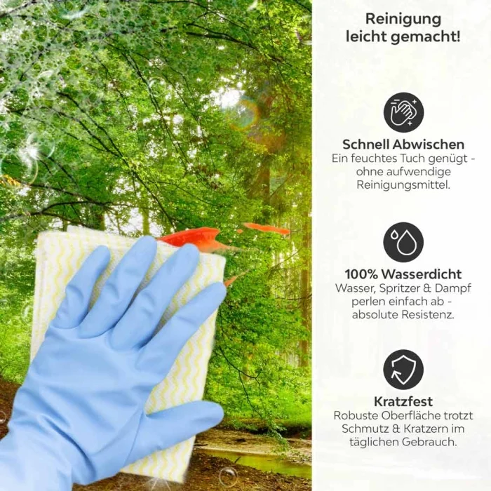 Küchenrückwand Platte Idyllischer Wald Produktdetailbild 3: Reinigung leicht gemacht!