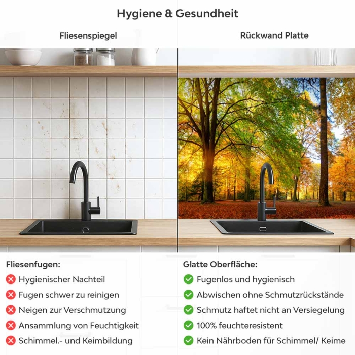 Küchenrückwand Platte Herbstlicher Wald Produktdetailbild 2: Hygiene und Gesundheit!