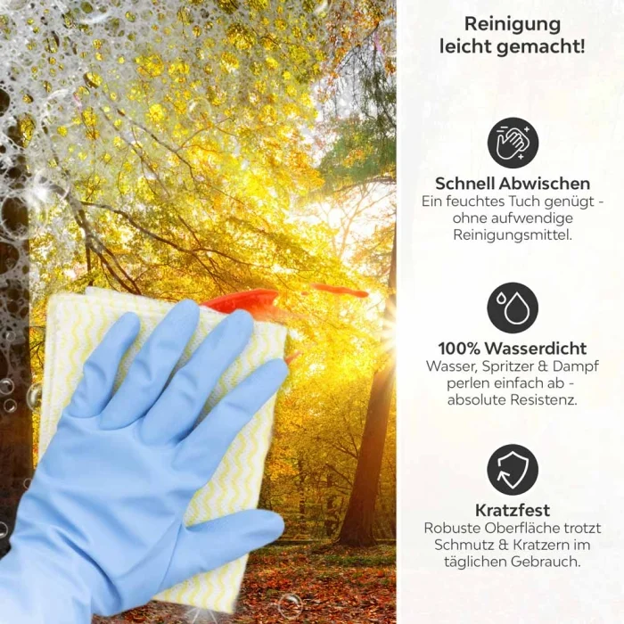 Küchenrückwand Platte Herbstlicher Wald Produktdetailbild 3: Reinigung leicht gemacht!