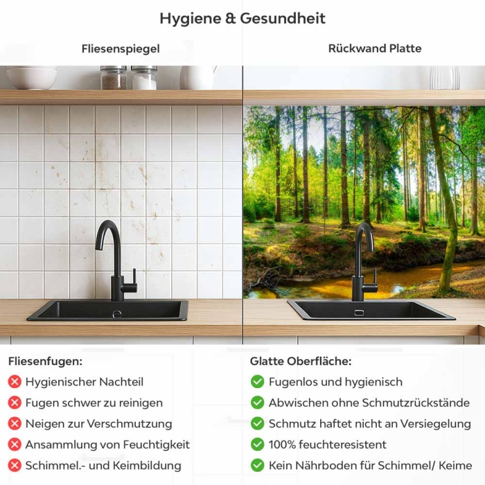 Küchenrückwand Platte Wald im Lichtspiel Produktdetailbild 2: Hygiene und Gesundheit!