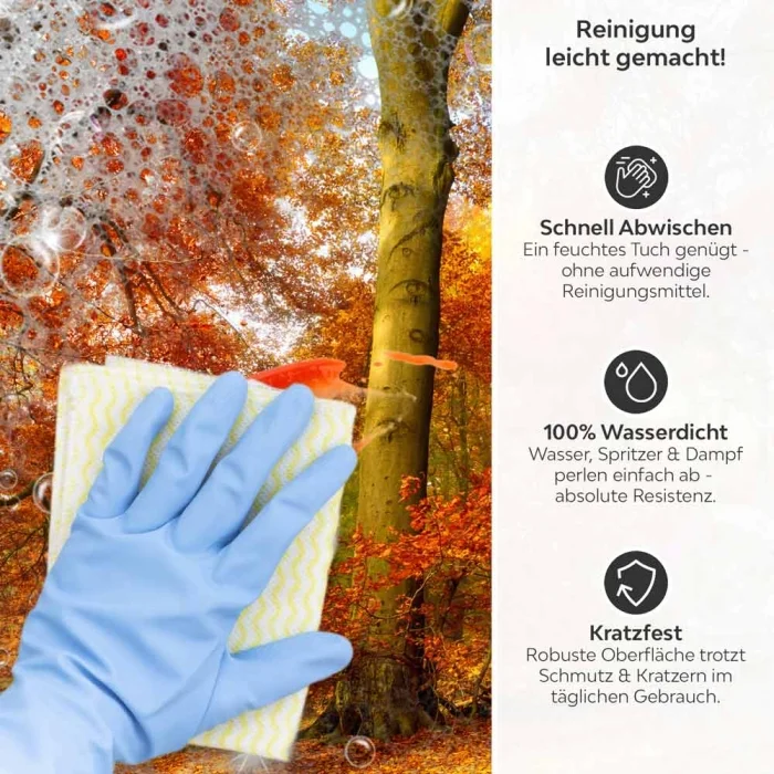 Küchenrückwand Platte Goldener Herbstwald Produktdetailbild 3: Reinigung leicht gemacht!