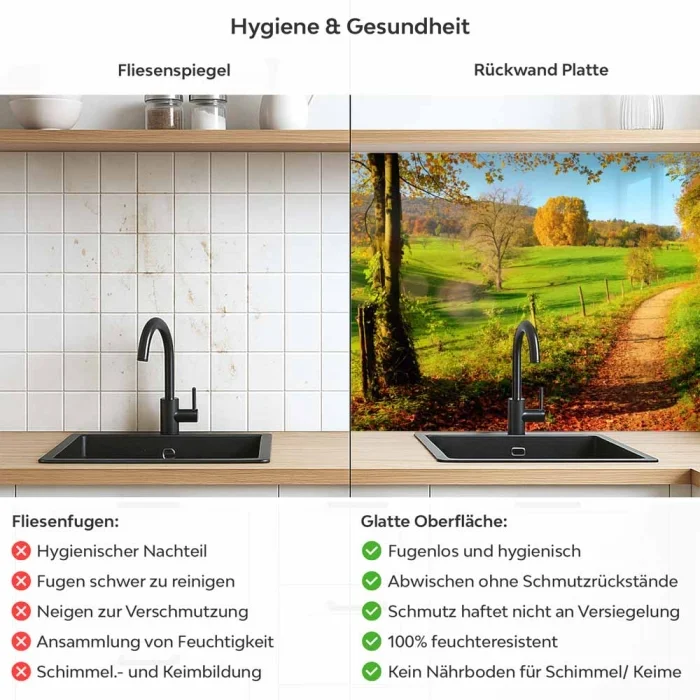 Küchenrückwand Platte Herbstlicher Waldweg Produktdetailbild 2: Hygiene und Gesundheit!