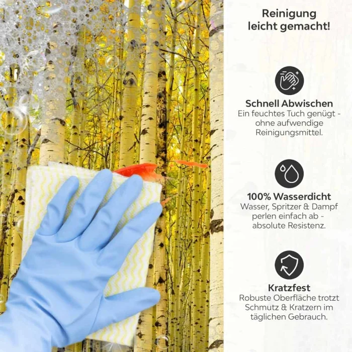 Küchenrückwand Platte Birkenwald Produktdetailbild 3: Reinigung leicht gemacht!