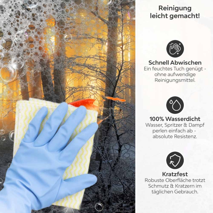 Küchenrückwand Platte Mystischer Winterwald Produktdetailbild 3: Reinigung leicht gemacht!