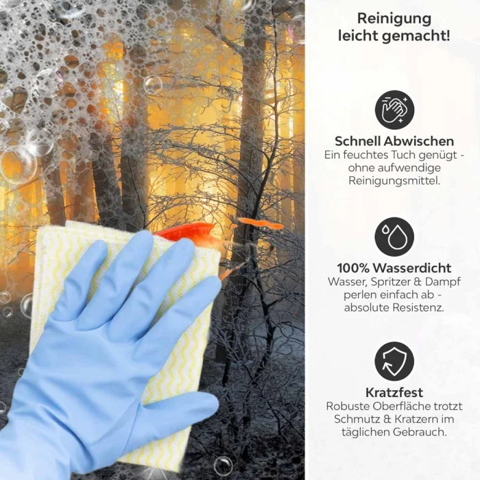 Küchenrückwand Platte Mystischer Winterwald Produktdetailbild 3: Reinigung leicht gemacht!