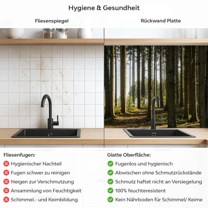 Küchenrückwand Platte Nadelwald im Lichtspiel der Natur Produktdetailbild 2: Hygiene und Gesundheit!