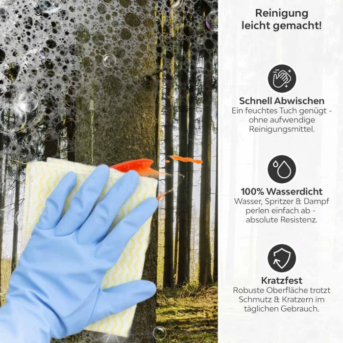 Küchenrückwand Platte Nadelwald im Lichtspiel der Natur Produktdetailbild 3: Reinigung leicht gemacht!
