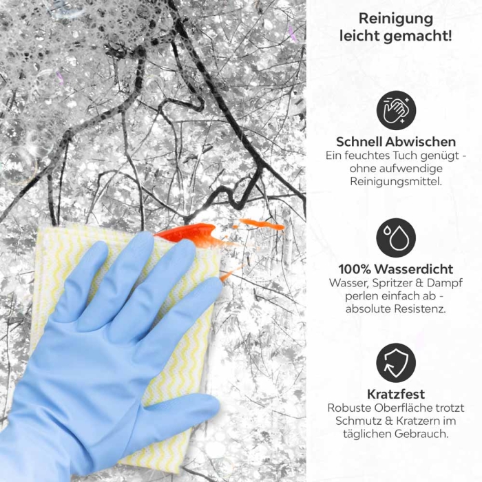 Küchenrückwand Platte Baum im Schein des Lichts Produktdetailbild 3: Reinigung leicht gemacht!