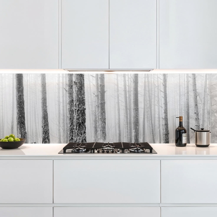 Küchenrückwand Platte Baumstämme im Nebel Artikelbild 1
