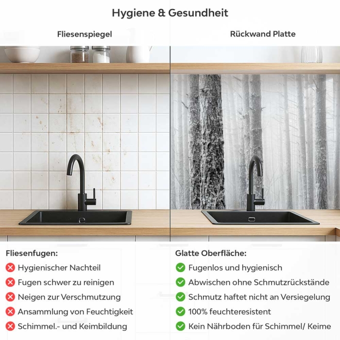 Küchenrückwand Platte Baumstämme im Nebel Produktdetailbild 2: Hygiene und Gesundheit!