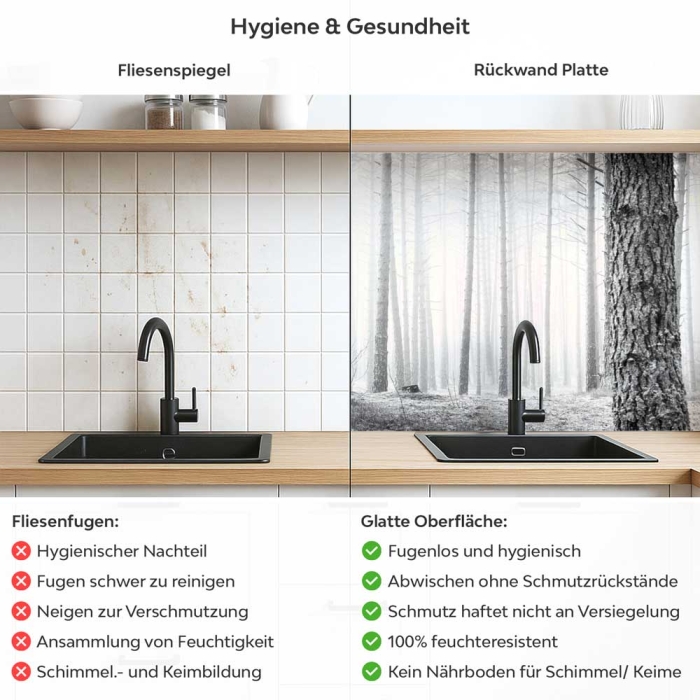 Küchenrückwand Platte Monochrome Baumstämme im Wald Produktdetailbild 2: Hygiene und Gesundheit!