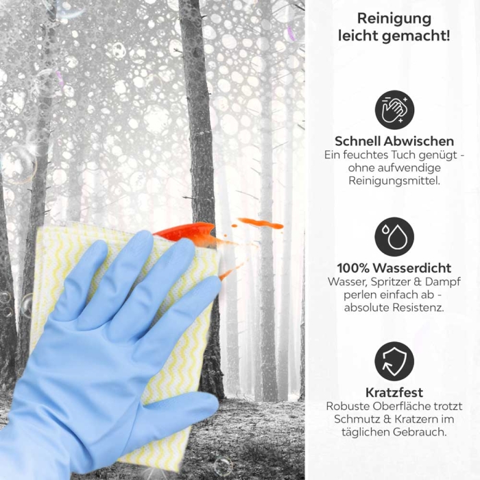 Küchenrückwand Platte Monochrome Baumstämme im Wald Produktdetailbild 3: Reinigung leicht gemacht!