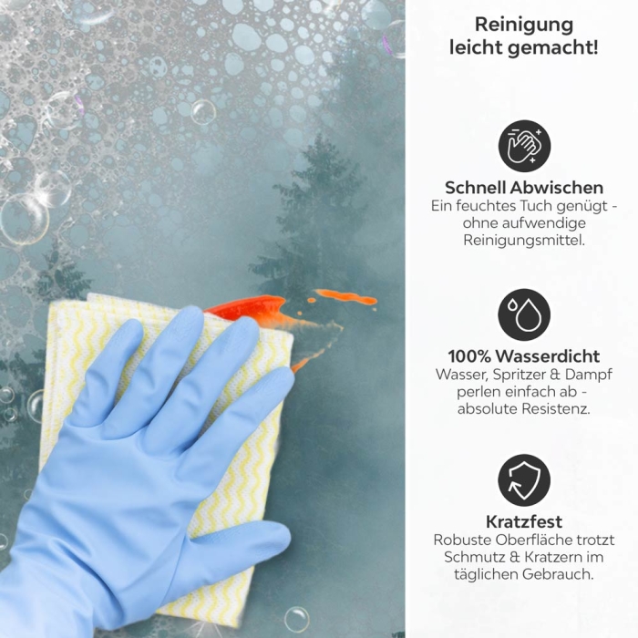 Küchenrückwand Platte Tannenwald im Nebel Produktdetailbild 3: Reinigung leicht gemacht!