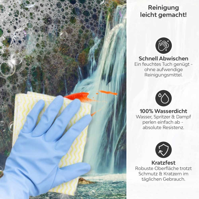 Küchenrückwand Platte Wasserfall im Wald Produktdetailbild 3: Reinigung leicht gemacht!