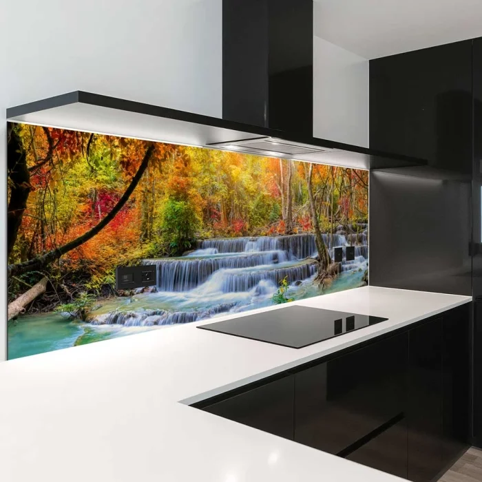 Küchenrückwand Platte Herbstlicher Wasserfall im Wald Hauptbild 1