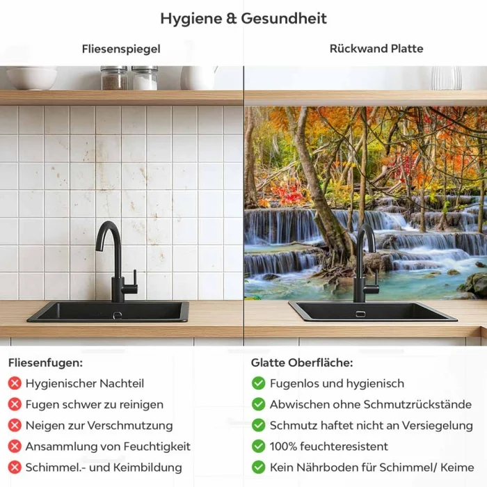 Küchenrückwand Platte Herbstlicher Wasserfall im Wald Produktdetailbild 2: Hygiene und Gesundheit!