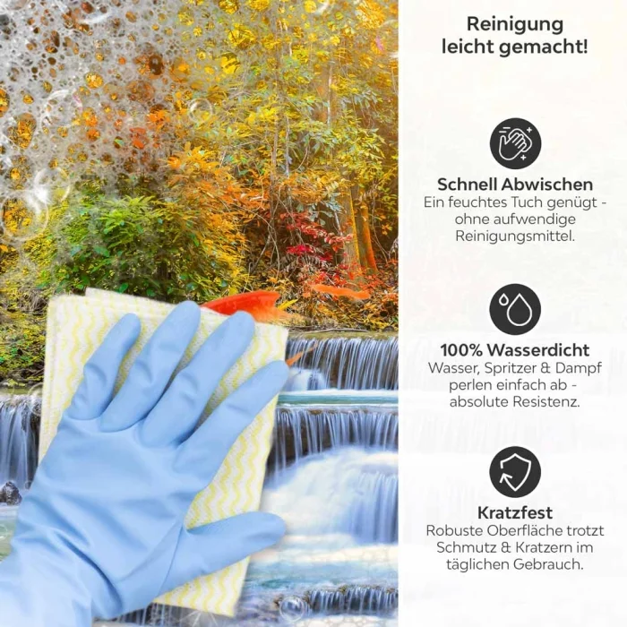 Küchenrückwand Platte Herbstlicher Wasserfall im Wald Produktdetailbild 3: Reinigung leicht gemacht!