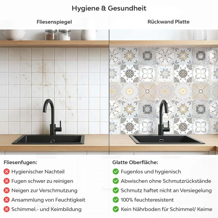 Küchenrückwand Platte Sanftes Beige Patchwork Mosaik Produktdetailbild 2: Hygiene und Gesundheit!