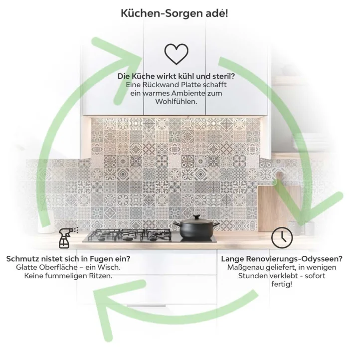 Küchenrückwand Platte Patchwork‑Design in Sandtönen Produktdetailbild 1: Küchen-Sorgen ade!