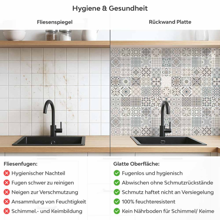 Küchenrückwand Platte Patchwork‑Design in Sandtönen Produktdetailbild 2: Hygiene und Gesundheit!