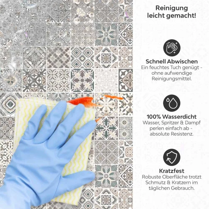Küchenrückwand Platte Patchwork‑Design in Sandtönen Produktdetailbild 3: Reinigung leicht gemacht!