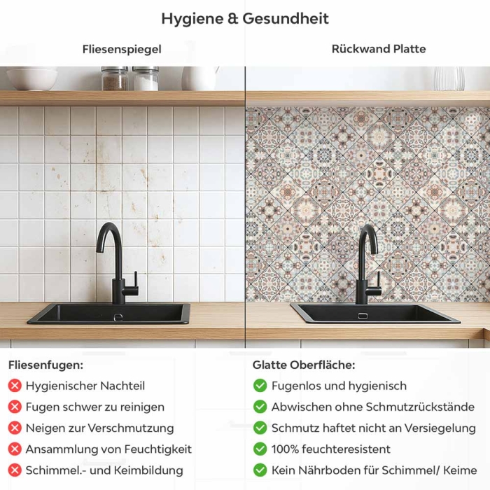 Küchenrückwand Platte Shabby‑Chic Kacheloptik Produktdetailbild 2: Hygiene und Gesundheit!