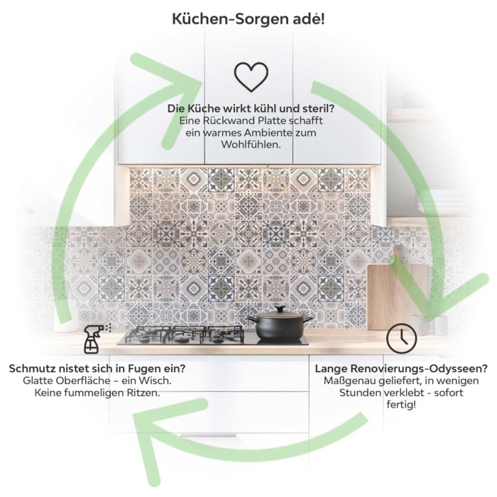 Küchenrückwand Platte Sanft Sandbeiges Nordischer Fliesenmix Produktdetailbild 1: Küchen-Sorgen ade!