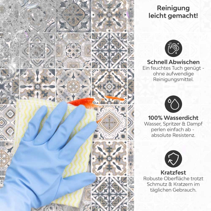 Küchenrückwand Platte Sanft Sandbeiges Nordischer Fliesenmix Produktdetailbild 3: Reinigung leicht gemacht!