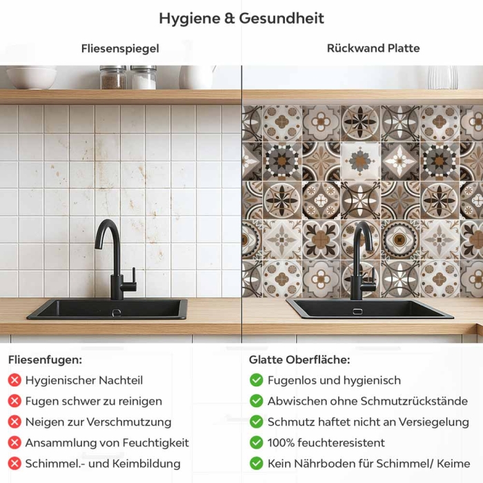 Küchenrückwand Platte Rustikales Patchwork in warmen Brauntönen Produktdetailbild 2: Hygiene und Gesundheit!