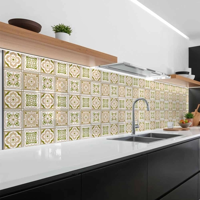Küchenrückwand Platte Beige Grüne Fliesen im Vintage Look Artikelbild 1