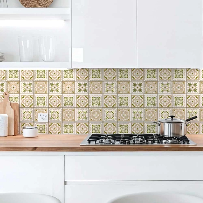Küchenrückwand Platte Beige Grüne Fliesen im Vintage Look Hauptbild 1